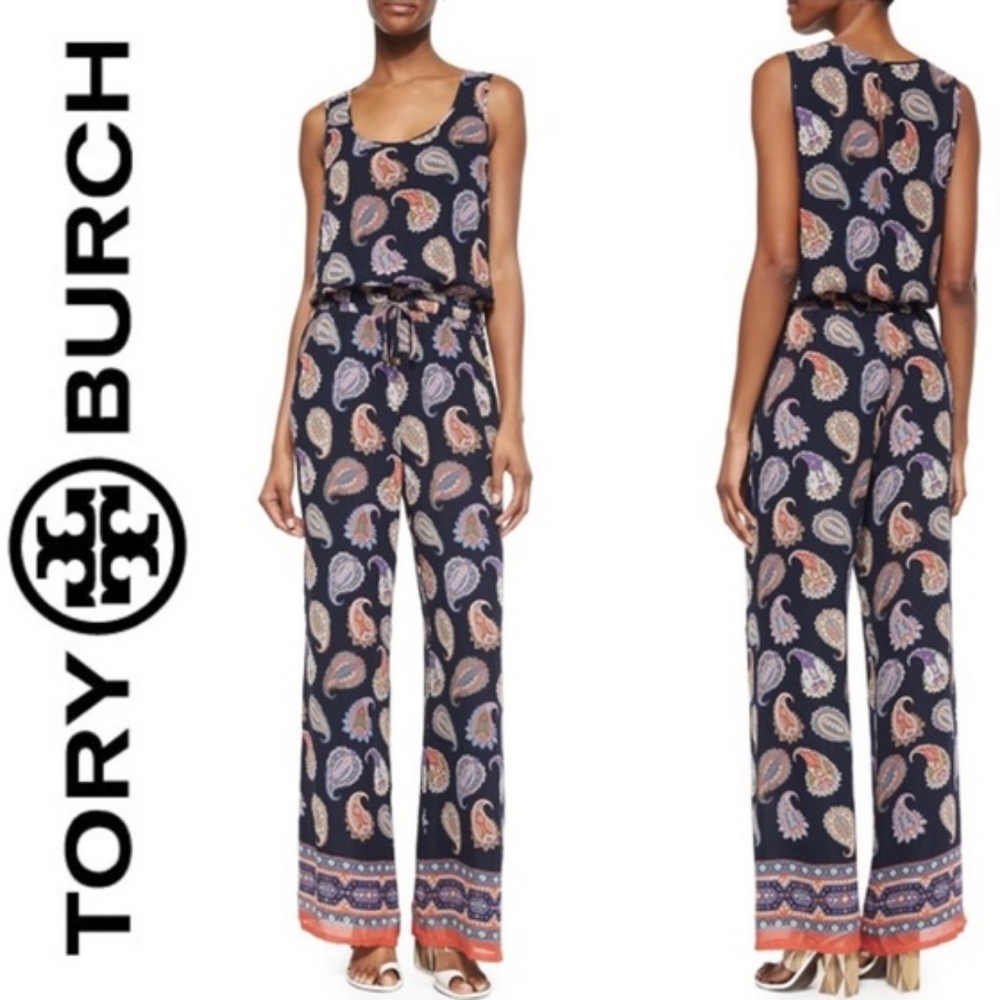 Tory Burch 100% Silk Navy Blue Paisley Print Sleeveless Blouson Jumpsuit Size XS